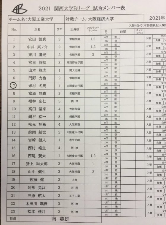 2021年度リーグ戦日程情報　vs大阪経済大学