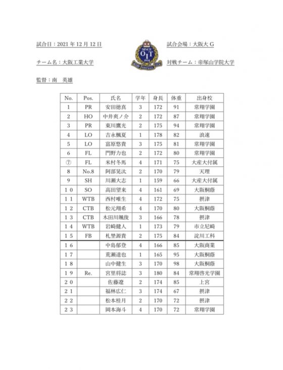 2021年度リーグ戦日程情報　vs帝塚山学院大学